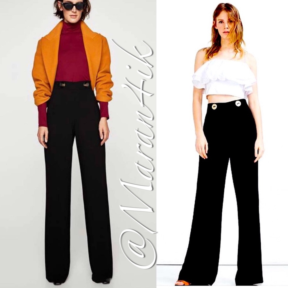 ZARA High Rise Wide Leg Palazzo Trouser Front Gold Buttons in Black XSmall